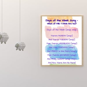 DAYS of The Week SONG Printable Wall Art, Perfect for Playroom, Classroom, Homeschooling, and Children&#39;s Event Spaces, INSTANT Download