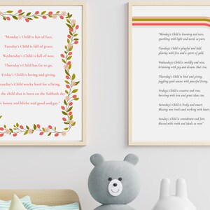 Puede incluir: Dos impresiones enmarcadas con fondo blanco y bordes florales rosas y verdes. Las impresiones presentan un poema sobre los días de la semana y las características de los niños nacidos cada día.