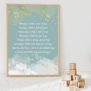 Original MONDAY’S CHILD Nursery Rhyme INSTANT Printable, Gorgeous