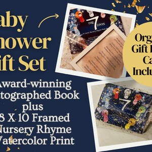Coffret cadeau BABY SHOWER, livre de comptines dédicacés et impression aquarelle encadrée, sac cadeau + carte inclus ! Meilleur cadeau, livraison GRATUITE