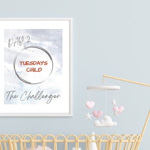 TUESDAY&#39;S CHILD Personality: Printable Wall Art, Baby Astrology, Nursery Décor, Neutral Watercolor Matches Every Kid&#39;s Room, Best Baby Gift,