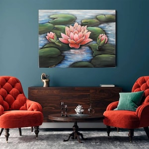 Lotus flower ORIGINAL painting. Water lilies artwork, Nenuphar plants acrylic painting, Lily wall art, Pond landscape, Pink flowers water