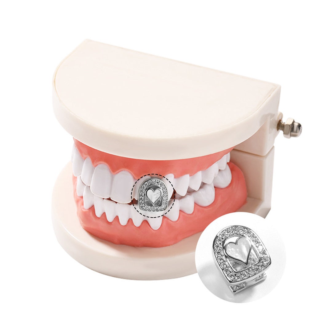 Gold Diamond Heart Grillz, Gold Grillz, Silver Grillz, Tooth Cap, Mens