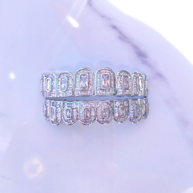 18K Gold Baguette Diamond Grillz Silver Grillz Iced Out Etsy