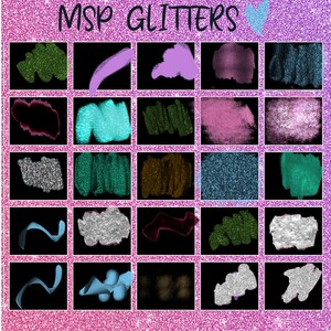 May include: A grid of glitter samples in various colors, including green, purple, teal, and silver, against a black background. The text "MSP GLITTERS" is displayed at the top, with a heart symbol. The background is a pink glitter texture.