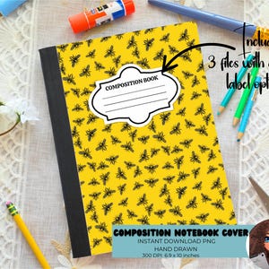 Printable Composition Notebook Cover PNG , Digital Download,  Notebook Personalizable Custom Notebook Yellow  Buzzing Bees