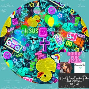 May include: A vibrant, circular seamless pattern featuring neon-style illustrations of ducks, a monkey wearing sunglasses, crosses, boomboxes, and the word "Jesus." The design includes text that reads "Praise the Lord" and "Ravin' for Jesus."