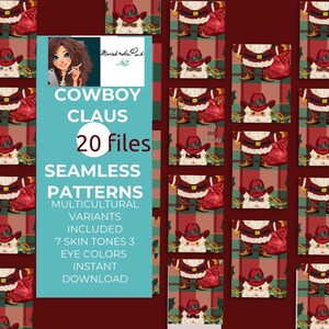 May include: A digital art design featuring a repeating pattern of a cowboy-themed Santa Claus. The design includes the text "COWBOY CLAUS" and "20 files", along with other details about the product. The Santa Claus figure is wearing a cowboy hat and carrying a sack.