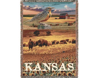 Manta acogedora con símbolos del estado de Kansas - 132 x 94 cm - Collage de alondras, girasoles y bisontes del oeste