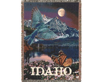 Manta acogedora con símbolos del estado de Idaho - 132 x 94 cm - Collage de pájaros azules de montaña, mariposas monarca y paisajes alpinos