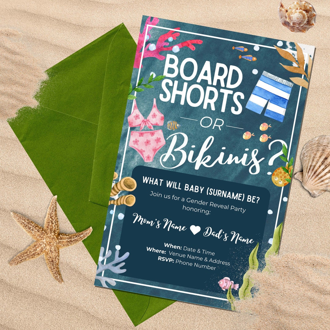 Gender Reveal Invitations Board Shorts or Bikinis Summer, Beach