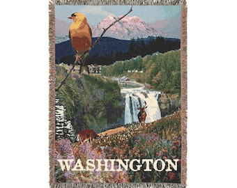 Manta del estado de Washington: jilguero escénico, Rainier, cascada