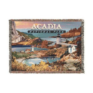 Acadia National Park Woven Blanket - 52&quot;x37&quot; Coastal Maine Landscape Lighthouse Throw - Cozy New England Decor & Adventure Gift