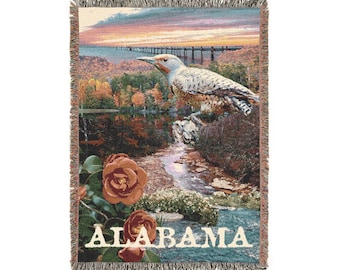 Manta acogedora con símbolos del estado de Alabama - 132 x 94 cm - Manta tejida con cerillo amarillo escénico, camelia y cascadas