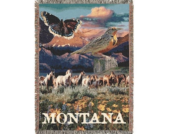 Manta acogedora con símbolos del estado de Montana (132 x 94 cm), collage de alondras y caballos salvajes.