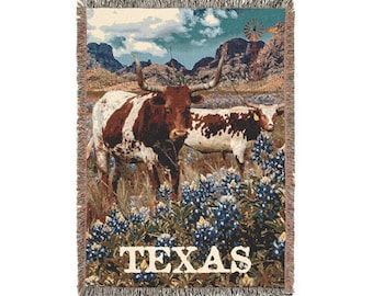 Manta acogedora con motivos naturales del estado de Texas Longhorn - 132 x 94 cm, con diseño de Bluebonnet y collage rústico del oeste