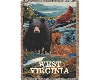Manta tejida acogedora con símbolos del estado de Virginia Occidental (132 x 94 cm), con vistas panorámicas al oso negro, el cardenal y las montañas.