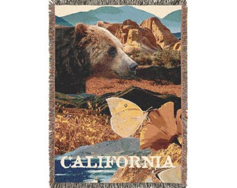 Manta acogedora con símbolos del estado de California - 132 x 94 cm - Collage de vida silvestre y costa escénica
