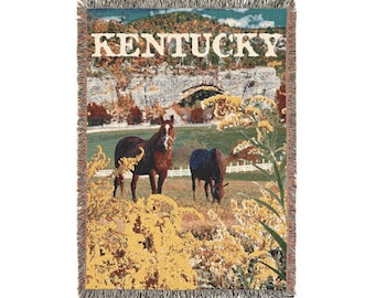 Manta acogedora con símbolos del estado de Kentucky - 132 x 94 cm - Manta tejida con collage de granja de caballos y puente natural