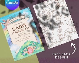 Plantilla de invitación de cumpleaños para bebé de El Señor de los Anillos / Fiesta del Hobbit en acuarela / Imprimible de bosque de fantasía / Invitación editable de Canva