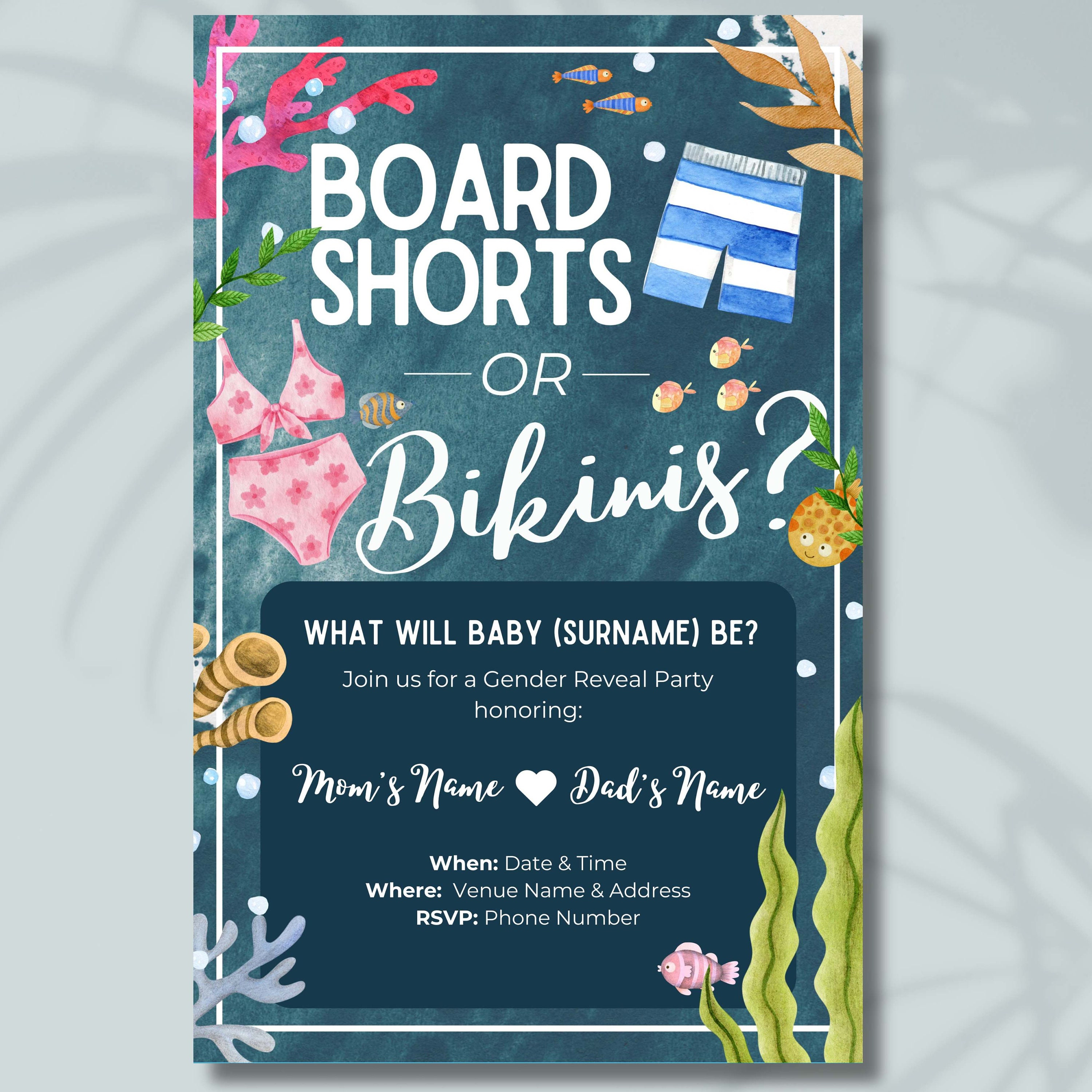 Gender Reveal Invitations Board Shorts or Bikinis Summer, Beach