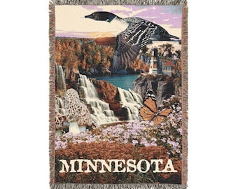Manta acogedora con símbolos del estado de Minnesota (132 x 94 cm), diseño de colimbo escénico, mariposa monarca y cascada.
