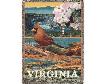Manta tejida con símbolos del estado de Virginia: Cardenal, Cornejo y Montañas Blue Ridge