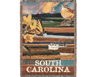 Manta acogedora con símbolos del estado de Carolina del Sur (132 x 94 cm), diseño de collage de Carolina Wren, jazmín amarillo y pantanos.