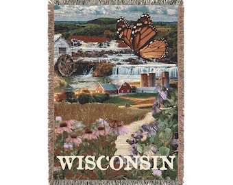 Manta acogedora con símbolos del estado de Wisconsin (132 x 94 cm), diseño de mariposa monarca, equinácea y collage de granja.
