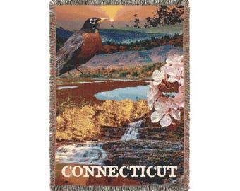 Manta acogedora con símbolos del estado de Connecticut: 132 x 94 cm, con un collage de petirrojos americanos, laureles de montaña y cascadas.