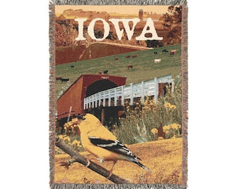 Manta acogedora con símbolos del estado de Iowa (132 x 94 cm), diseño de jilguero escénico, puente cubierto y collage de tierras de cultivo.