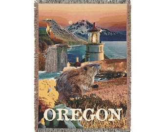 Manta acogedora con símbolos del estado de Oregón - 132 x 94 cm - Collage de alondras, castores y faros del oeste