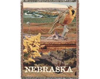 Manta acogedora con símbolos del estado de Nebraska - 132 x 94 cm - Manta tejida con collage escénico de pradera, vara de oro y alondra