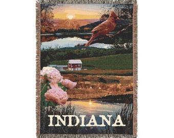Manta acogedora con símbolos del estado de Indiana - 132 x 94 cm - Collage de cardenal escénico, peonía y paisaje de granja