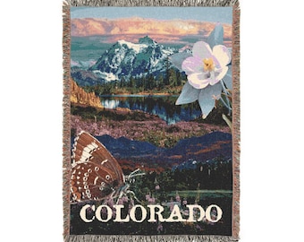 Manta acogedora con símbolos del estado de Colorado - 132 x 94 cm - Collage de flores, mariposas y montañas de aguileña escénica
