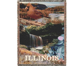 Manta acogedora con símbolos del estado de Illinois - 132 x 94 cm - Manta tejida con cardenal escénico, cascada y flores silvestres de la pradera
