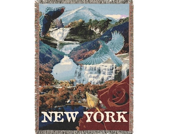 Manta acogedora con símbolos del estado de Nueva York - 132 x 94 cm - Collage de pájaros azules, rosas rojas y cascadas
