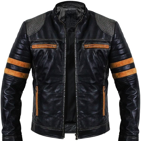 Men's Motorcycle High-Quality Logan Inspired Black Real Sheepskin Cafe Racer Jacket for Men with Striped Sleeves