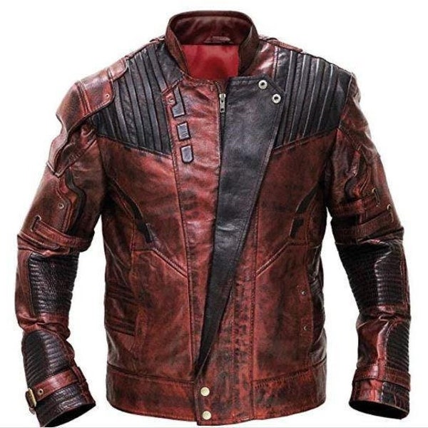 Guardian Of Galaxy Maroon Waxed Premium Leather Jacket | Hand Made Motorcycle Jacket | Quill Cosplay Leather Costume Inspired By StarLord
