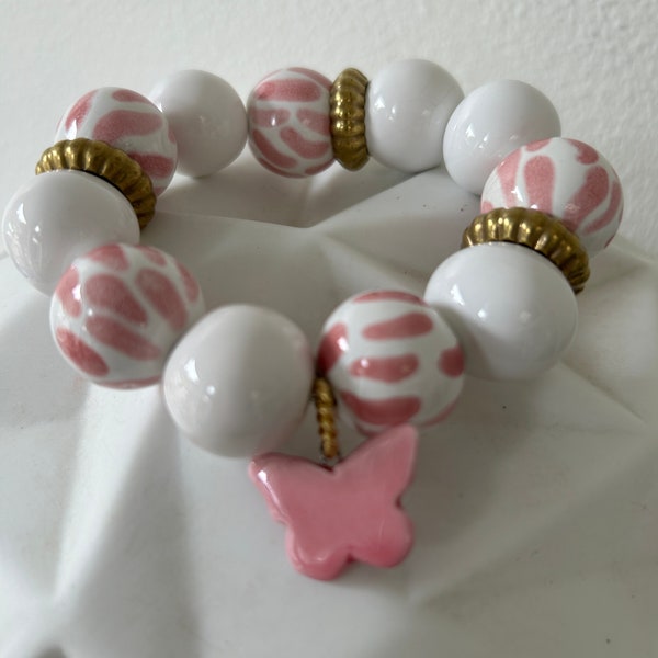 Bracelet  femme en perles en céramique  blanc et rose