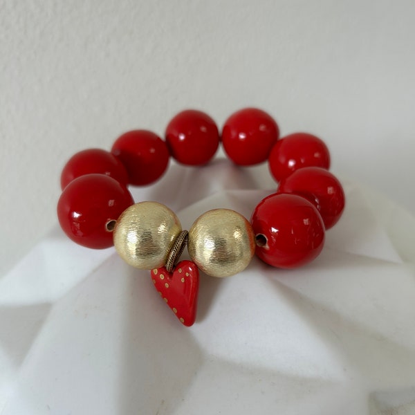 Bracelet perles ceramique rouge