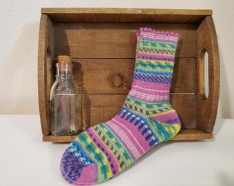 Women's handmade warm wool socks, pink and green striped socks, warm matching knitted wool socks (size 8-8.5) gift women's socks