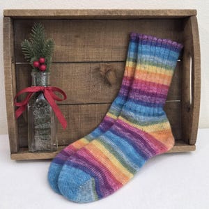 Handmade (not factory made) Knitted Wool Socks in Rainbow Stripes - Women's Size 10-10.5