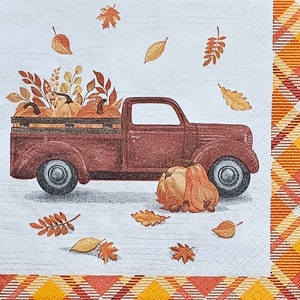 4 servilletas de papel para decoupage / Hojas rústicas de otoño y camioneta