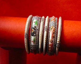Handcrafted Indian Bangle Set: Ivory Kada Bracelets with Red-Green Enamel