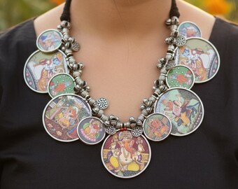 Divine Ganesha Art Disc Necklace • Oxidized Silver Mythology Statement Jewelry