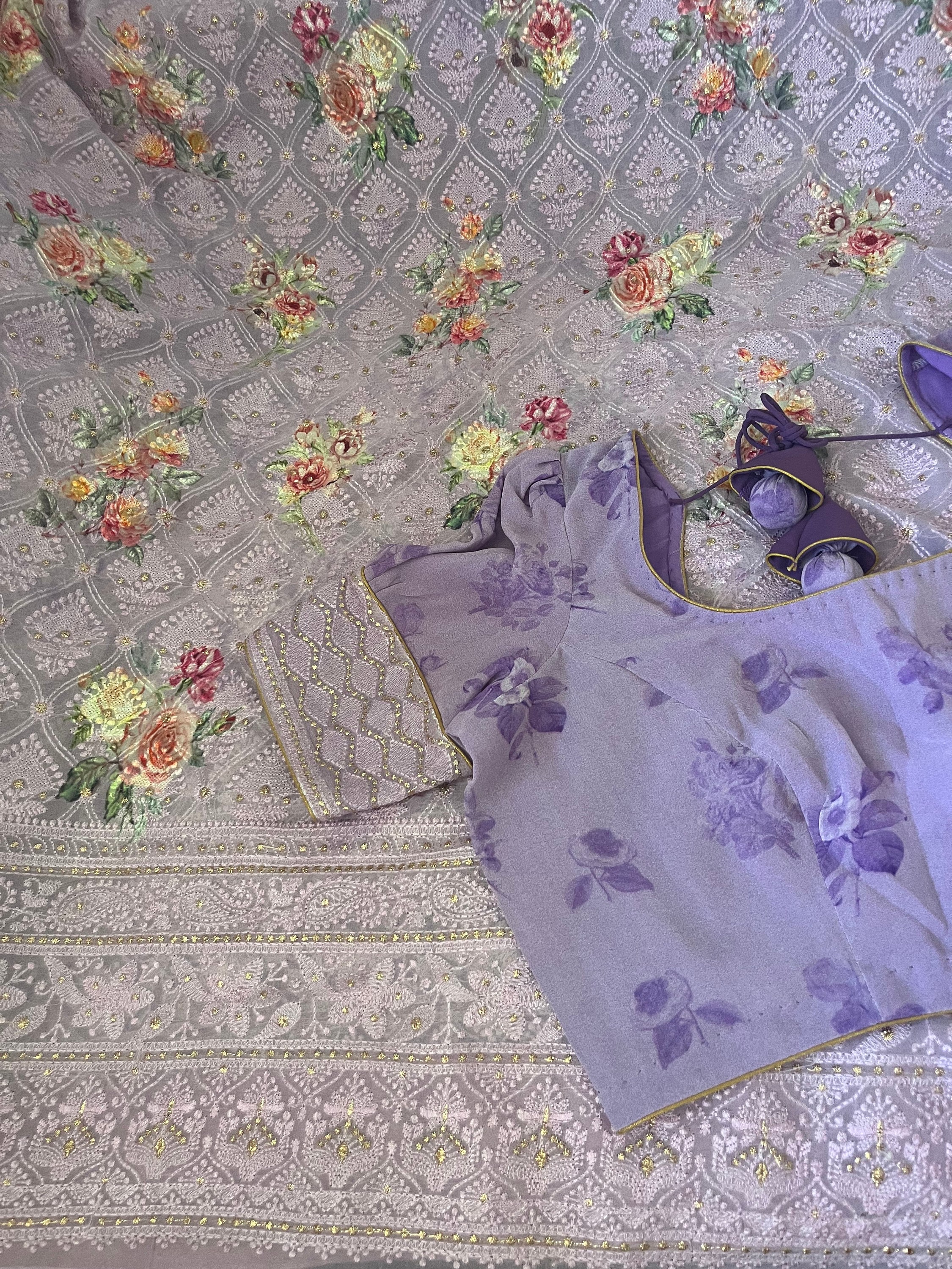 Georgette Saree with fully Luxe Chikankari Work with Stitched Saree blouse