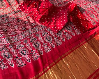 Ajrak print gaji silk saree with stiched blouse | Ajrak saree | gaji silk saree