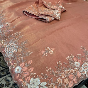 Chinnon Silk Tissue Saree: Pearl & Thread Work, Party Wear