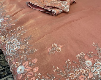 Party wear chinnon silk tissue saree with pearl and thread work | party wear saree | tissue silk saree